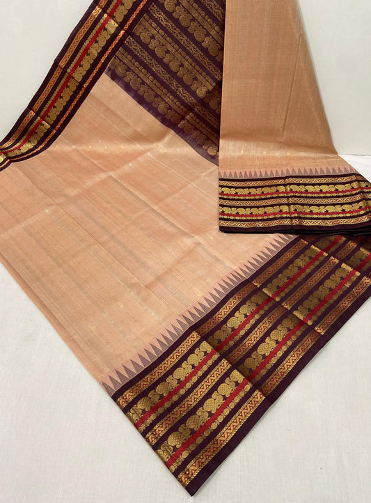 PEACH WITH DEEP BURGUNDY TRADITIONAL KUPPADAM HANDLOOM KANCHIPURAM SILK COTTON (KSC50)