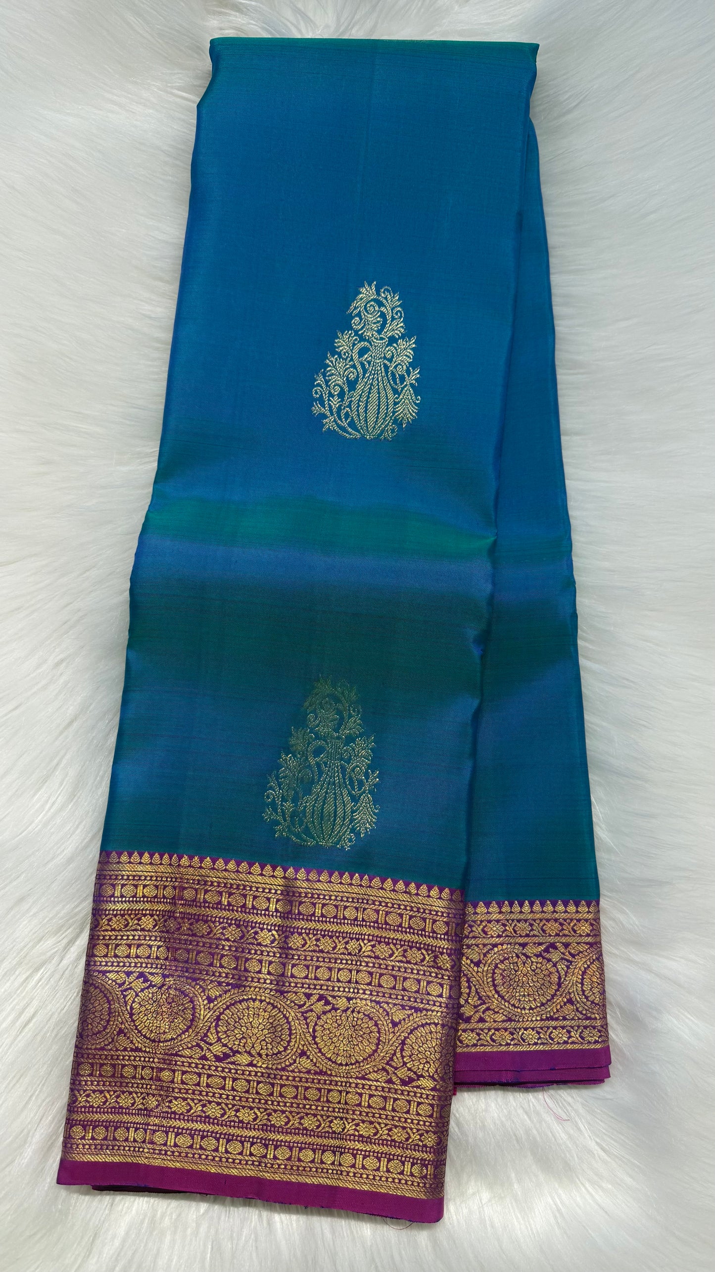 PEACOCK BLUE CONTRAST PURPLE GOLD ZARI HANDLOOM KANCHIPURAM SILK SAREE (KSS385)