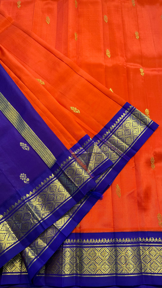 ORANGE WITH CONTRAST PURPLE PURE HANDLOOM KANCHIPURAM SINGLE SIDE BORDER SILK SAREE (KSSB17)