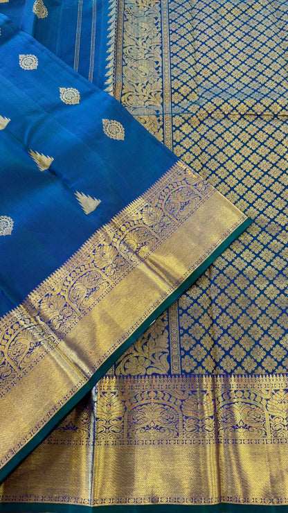 PEACOCK BLUE GOLD ZARI HANDLOOM KANICHIPURAM SILK SAREE (KSS95)