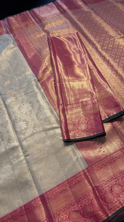 CHAMPAGNE GOLD WITH CONTRAST PINK SEMI SILK KANCHIPURAM SILK SAREE (SSKS65)