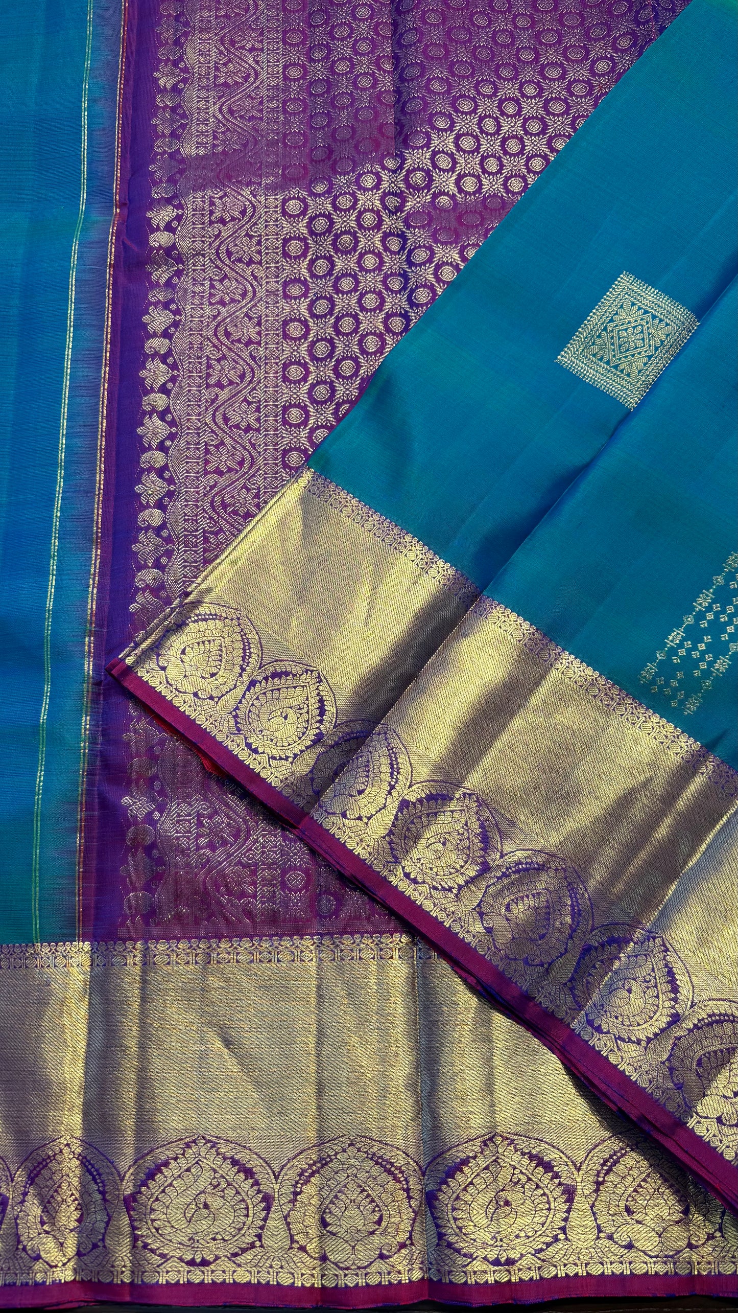 PEACOCK BLUE CONTRAST PURPLE GOLD ZARI HANDLOOM KANCHIPURAM SILK SAREE (KSS391)
