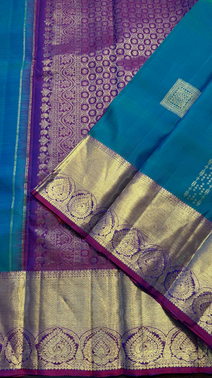 PEACOCK BLUE CONTRAST PURPLE GOLD ZARI HANDLOOM KANCHIPURAM SILK SAREE (KSS391)