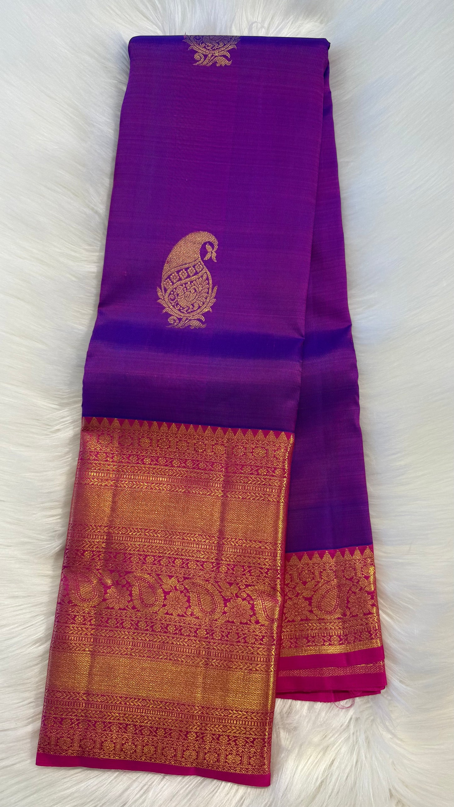 VADAMALLI PURPLE WITH CONTRAST RANI PINK GOLD ZARI HANDLOOM KANCHIPURAM SILK SAREE (KSS413)