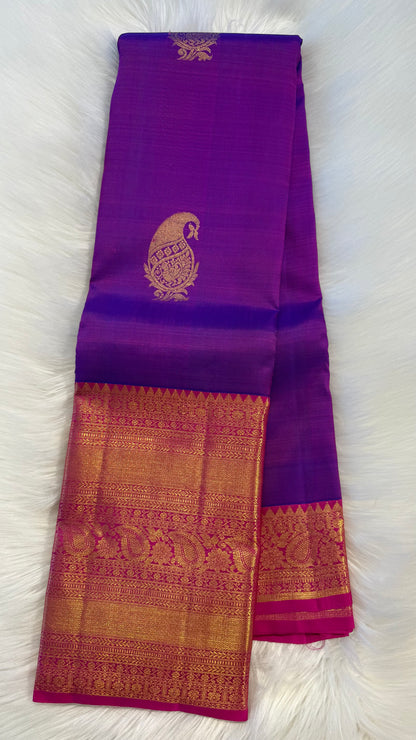 VADAMALLI PURPLE WITH CONTRAST RANI PINK GOLD ZARI HANDLOOM KANCHIPURAM SILK SAREE (KSS413)