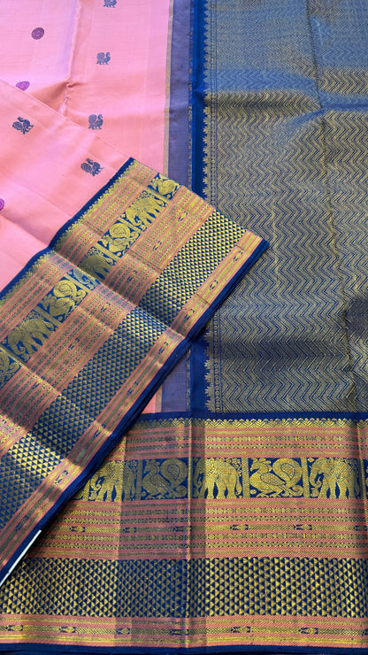 BRIGHT GUAVA PINK WITH CONTRAST BLUE GOLD ZARI HANDLOOM KANCHIPURAM SILK SAREE (KSS482)