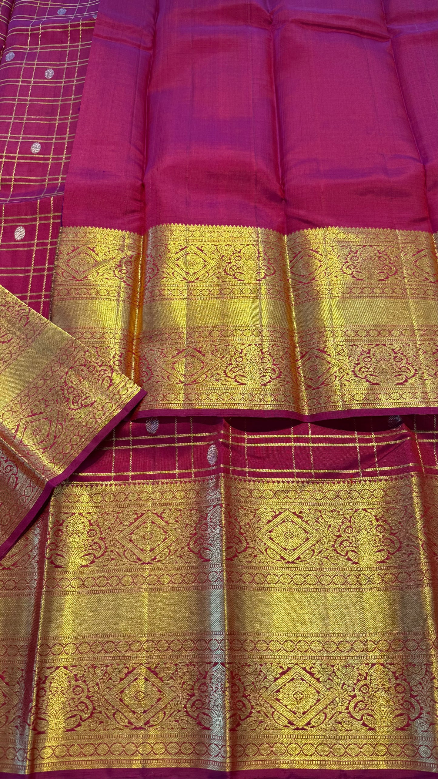 MAGENTA PINK CHECKED GOLD ZARI HANDLOOM KANCHIPURAM SILK SAREE (KSS274)