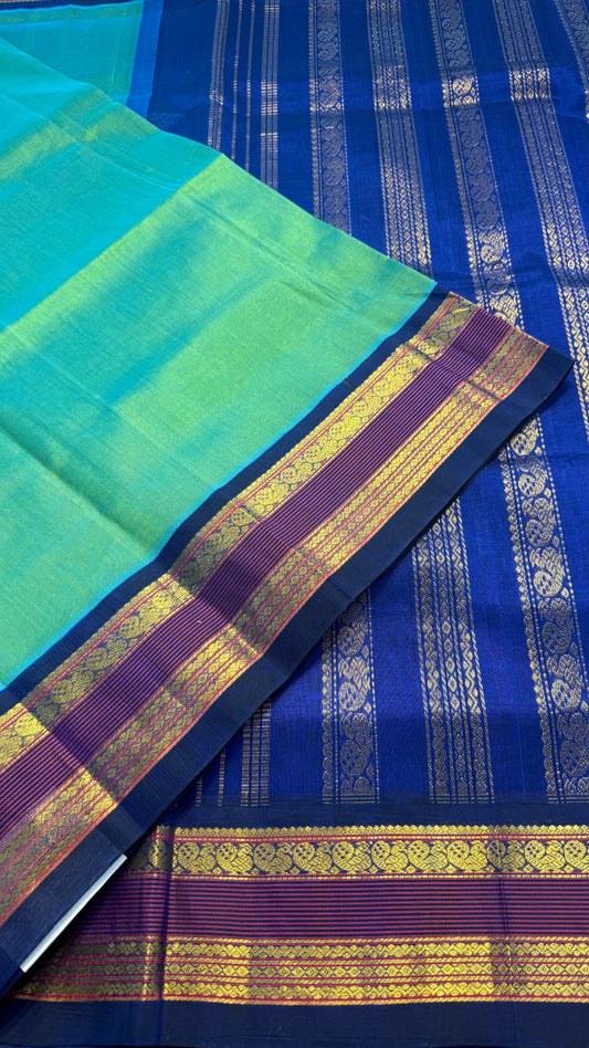 PEACOCK GREEN WITH BLUE HANDLOOM KANCHIPURAM SILK COTTON (KSC67)