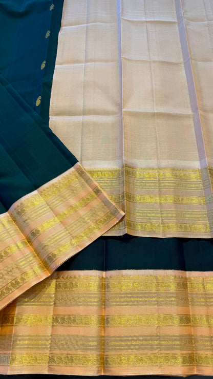 DUAL TONE BOTTLE GREEN CONTRAST WITH PEACH PURE HANLOOM KANCHIPURAM SILK SAREE (KSS 501)