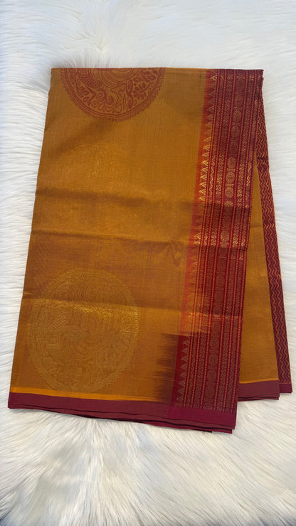 SAFFRON WITH MAROON HANDLOOM KANCHIPURAM SILK COTTON (KSC59)