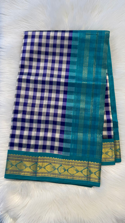 INK BLUE & WHITE KATTAM WITH CONTRAST TURQUIOSE BLUE KANCHIPURAM SILK COTTON (KSC39)