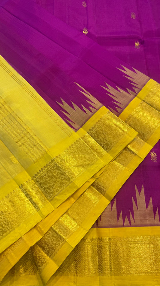 MAGENTA WITH CONTRAST YELLOW PURE HANDLOOM KANCHIPURAM SINGLE SIDE BORDER SILK SAREE (KSSB25)