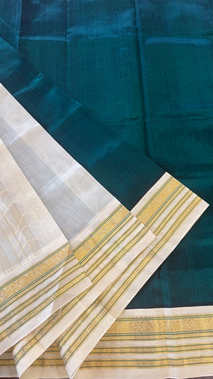 FOREST GREEN WITH CONTRAST CREAM KANCHIPURAM SILK COTTON (KSC82)