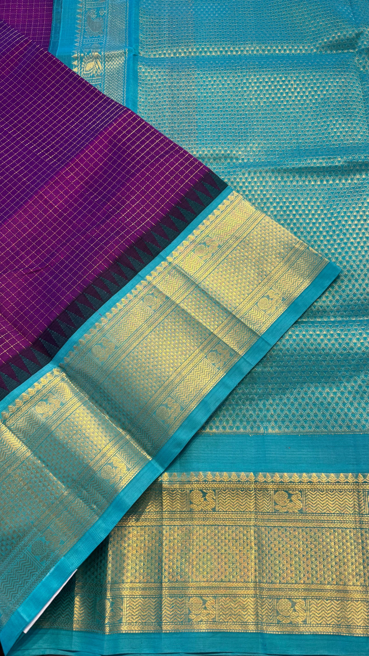 CHECKED PALATINATE PURPLE WITH CONTRAST TURQUOISE KANCHIPURAM SILK COTTON (KSC144)