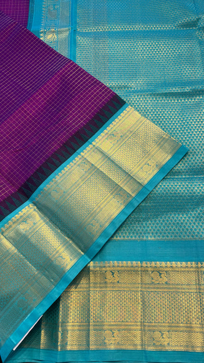 CHECKED PALATINATE PURPLE WITH CONTRAST TURQUOISE KANCHIPURAM SILK COTTON (KSC144)
