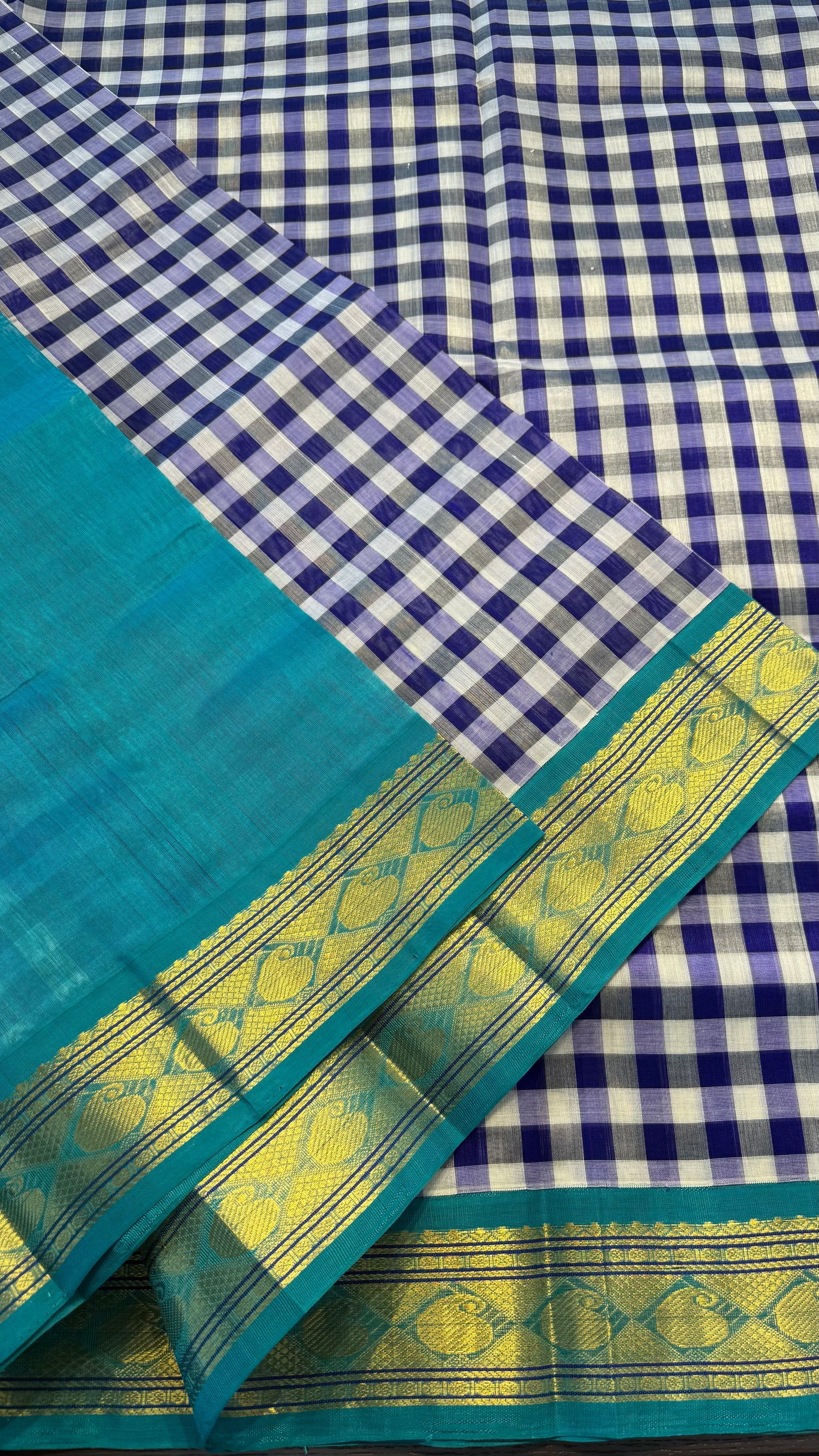 INK BLUE & WHITE KATTAM WITH CONTRAST TURQUIOSE BLUE KANCHIPURAM SILK COTTON (KSC39)