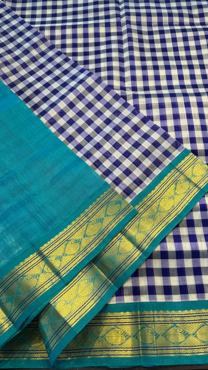 INK BLUE & WHITE KATTAM WITH CONTRAST TURQUIOSE BLUE KANCHIPURAM SILK COTTON (KSC39)