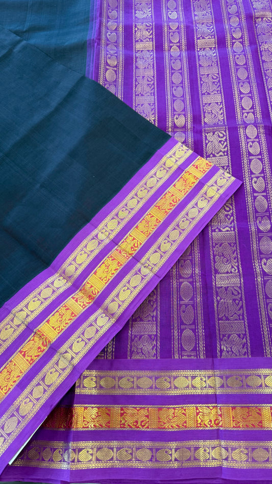 BLACK WITH CONTRAST PURPLE KANCHIPURAM SILK COTTON (KSC91)