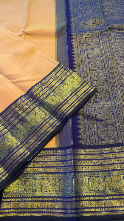 PEACH WITH CONTRAST PURPLE GOLD ZARI HANDLOOM KANCHIPURAM SILK SAREE (KSS464)