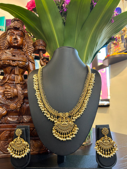 Antique Gold Plated Round Neck Temple Long Necklace Set