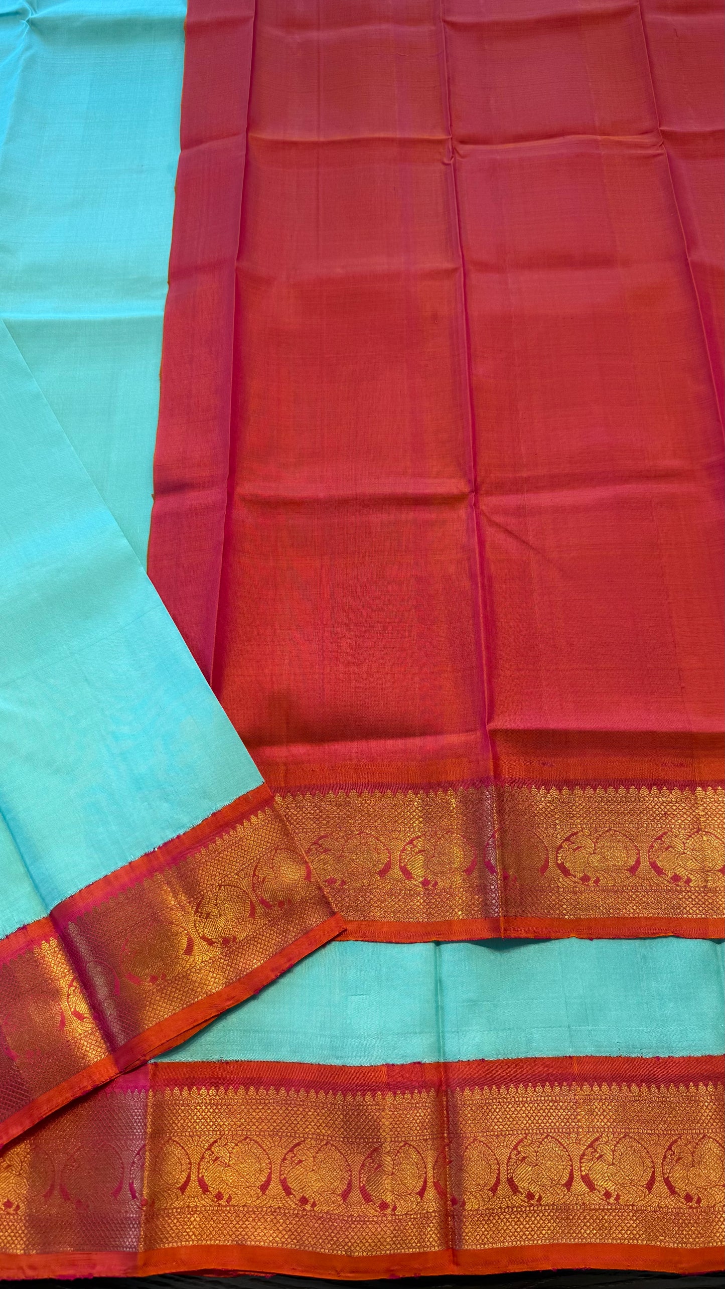 MINT GREEN WITH CONTRAST KANAKAMBARAM ORANGE HANDLOOM KANCHIPURAM SILK SAREE (KSS 497))