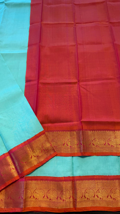 MINT GREEN WITH CONTRAST KANAKAMBARAM ORANGE HANDLOOM KANCHIPURAM SILK SAREE (KSS 497))