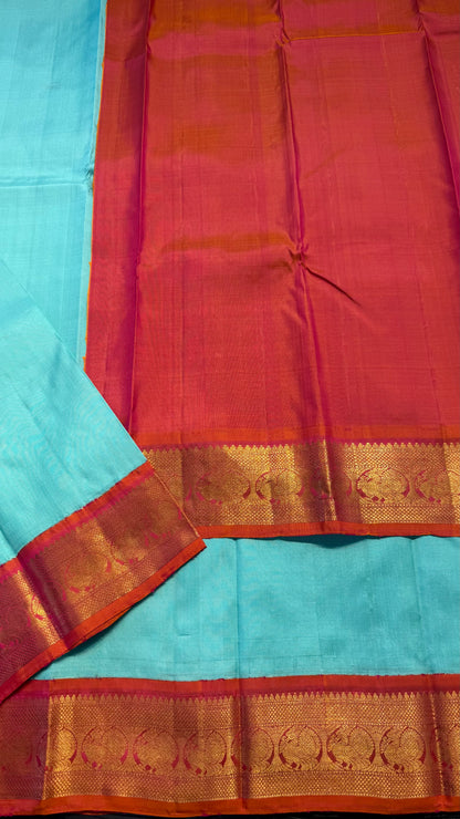 MINT GREEN WITH CONTRAST KANAKAMBARAM ORANGE HANDLOOM KANCHIPURAM SILK SAREE (KSS453)