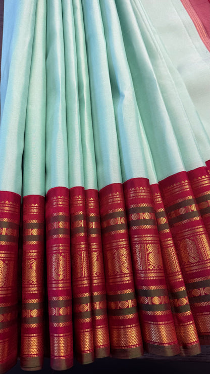 AQUA BLUE WITH CONTRAST MAROON GOLD ZARI HANDLOOM KANCHIPURAM SILK SAREE (KSS295)