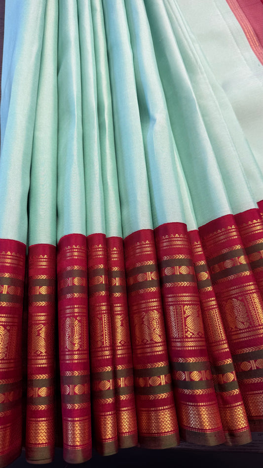 AQUA BLUE WITH CONTRAST MAROON GOLD ZARI HANDLOOM KANCHIPURAM SILK SAREE (KSS295)