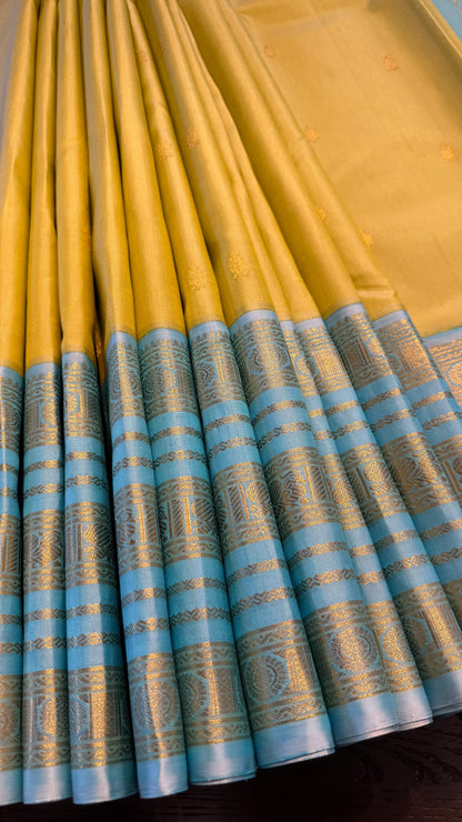 SUGAR CANE YELLOW CONTRAST WITH SKY BLUE PURE HANDLOOM KANCHIPURAM SILK SAREE (KSS 504)