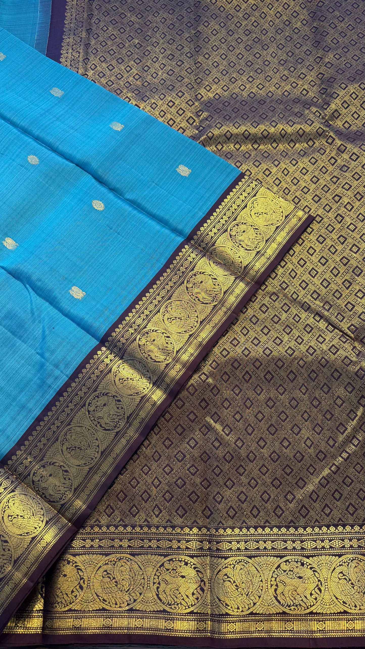BLUE GREY WITH CONTRAST PURPLE BROWN GOLD ZARI HANDLOOM KANICHIPURAM SILK SAREE (KSS203)