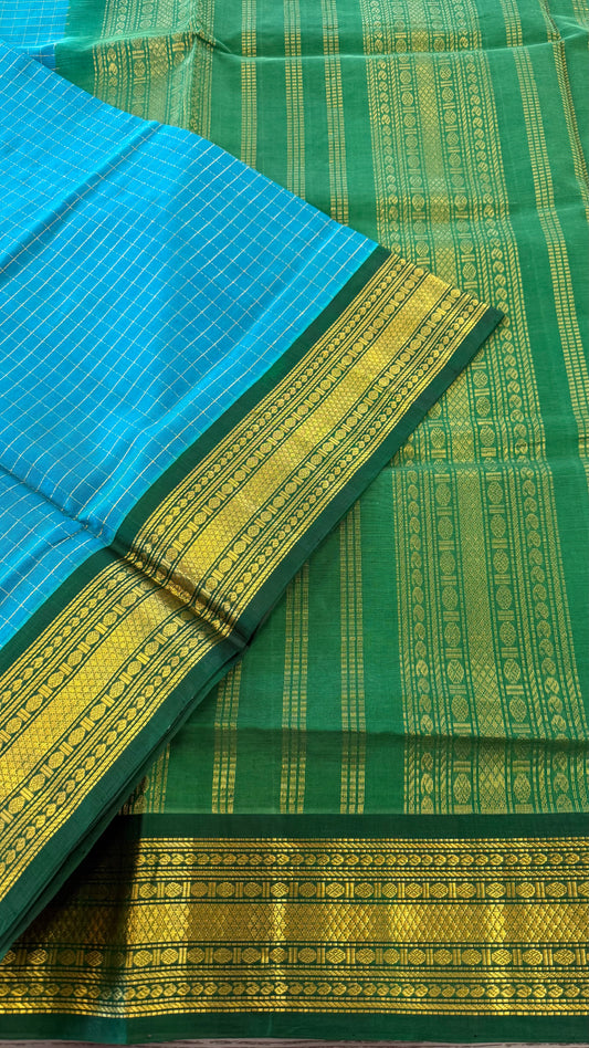 DUAL TONE TURQUOISE BLUE AND GREEN HANDLOOM KANCHIPURAM SILK COTTON (KSC37)