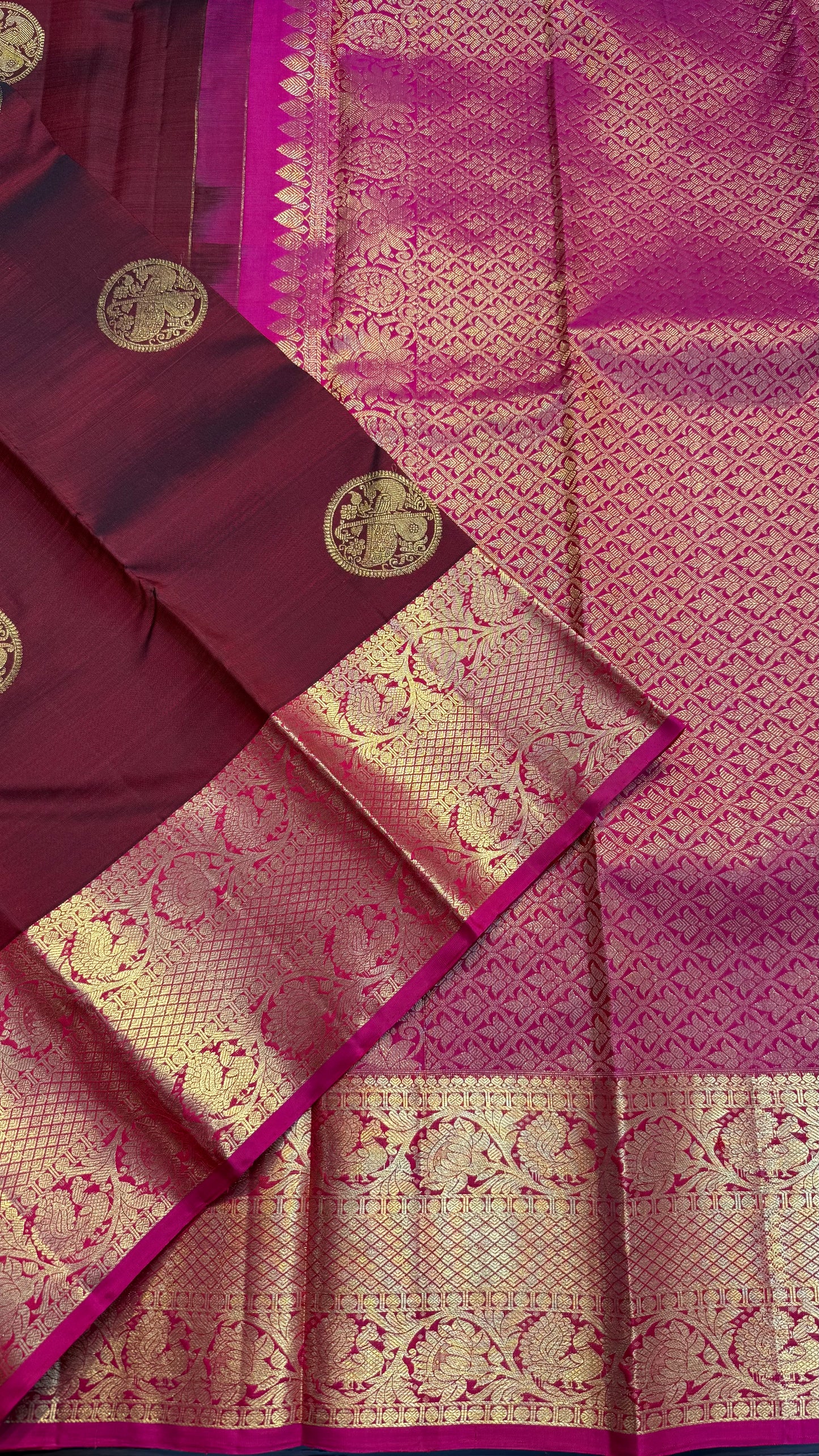 MAROON WITH CONTRAST PINK GOLD ZARI HANDLOOM KANICHIPURAM SILK SAREE (KSS376)