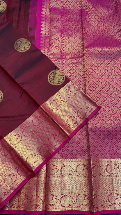 MAROON WITH CONTRAST PINK GOLD ZARI HANDLOOM KANICHIPURAM SILK SAREE (KSS376)