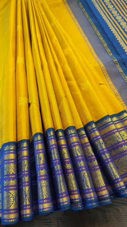 YELLOW WITH CONTRAST WITH PEACOCK BLUE BORDER PURE HANDLOOM KANCHIPURAM SILK SAREE (KSS492