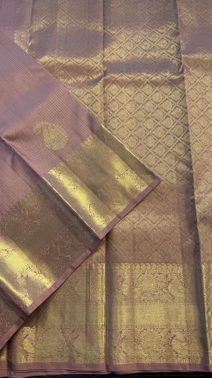 CHAMPAGNE CHECKED GOLD ZARI HANDLOOM KANCHIPURAM SILK SAREE (KSS409)