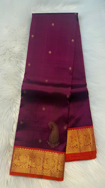 DARK RASBERRY WITH CONTRAST KANAKAMBARAM ORANGE GOLD ZARI HANDLOOM KANICHIPURAM SILK SAREE (KSS157)