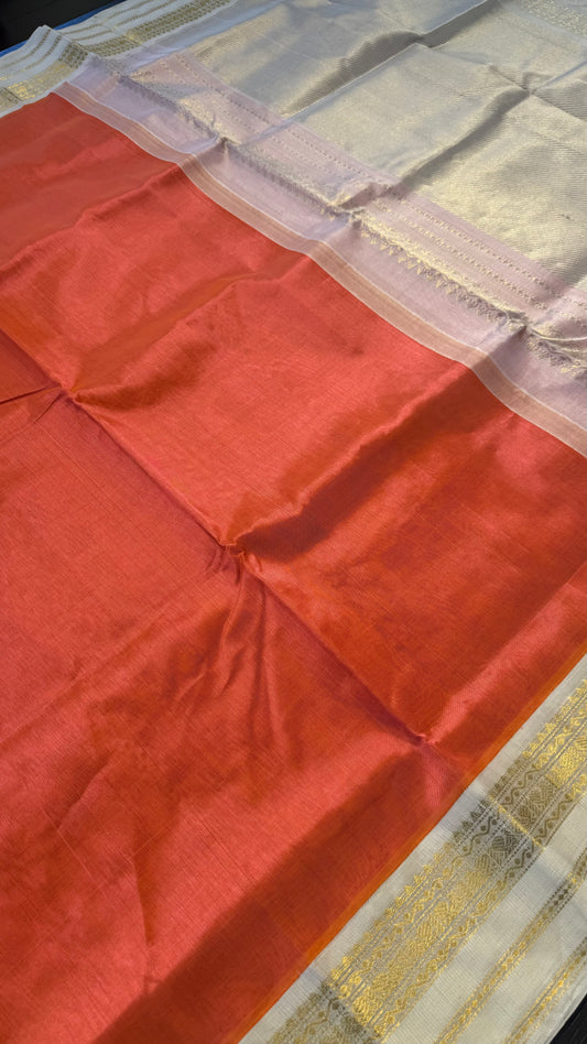 ORANGE WITH CONTRAST CREAM KANCHIPURAM SILK COTTON (KSC117)