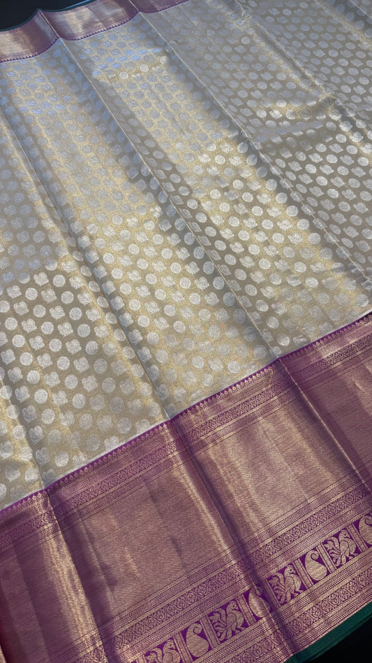 CREAM WITH CONTRAST PURPLE SEMI SILK KANCHIPURAM SILK SAREE (SSKS68)