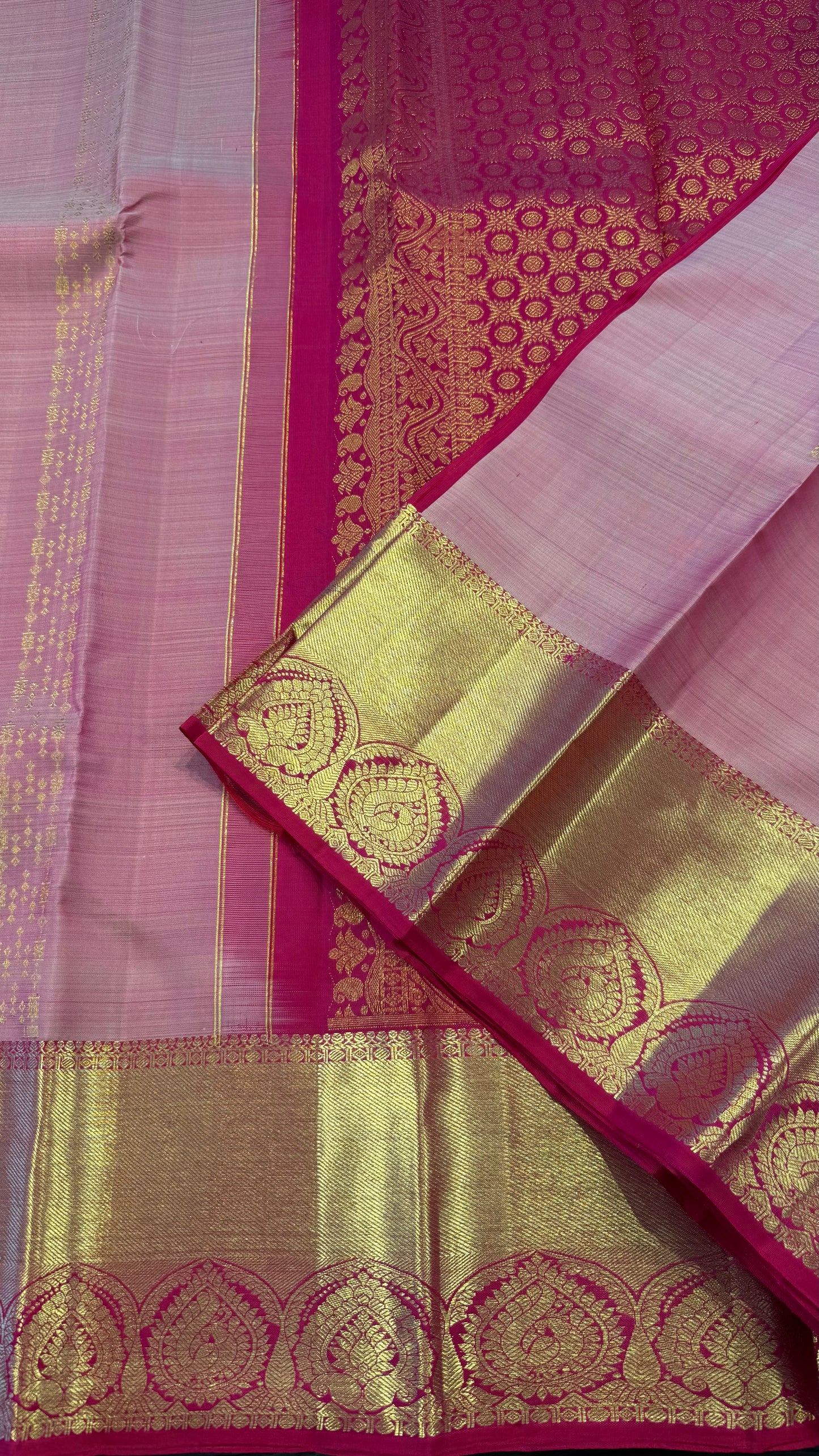 LIGHT PASTEL PINK WITH CONTRAST PINK KANCHIPURAM HANDLOOM SILK SAREE (KSS407)