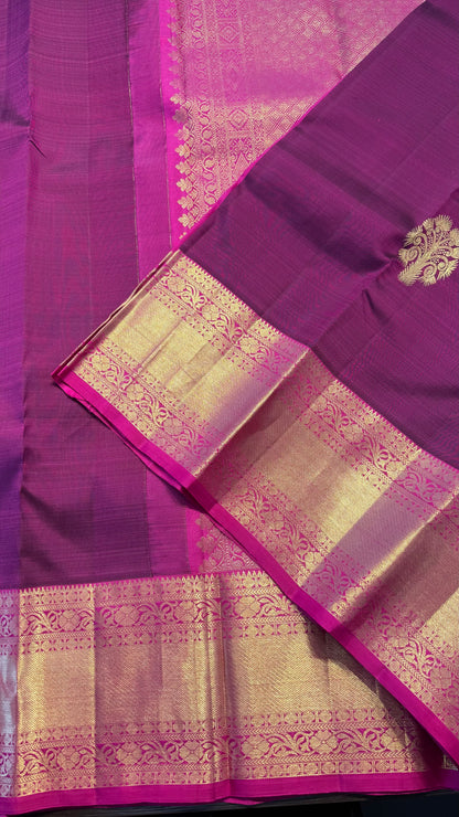 WINE PURPLE WITH CONTRAST PINK GOLD ZARI HANDLOOM KANCHIPURAM SILK SAREE (KSS381)