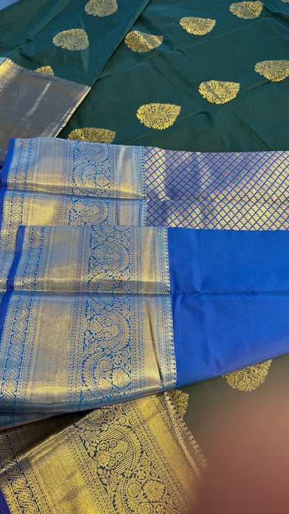 GREEN WITH CONTRAST BLUE SILK KANICHIPURAM SILK SAREE (SSKS48)