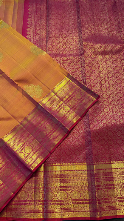 MANGO YELLOW WITH CONTRAST PINK GOLD ZARI HANDLOOM KANCHIPURAM SILK SAREE (KSS388)