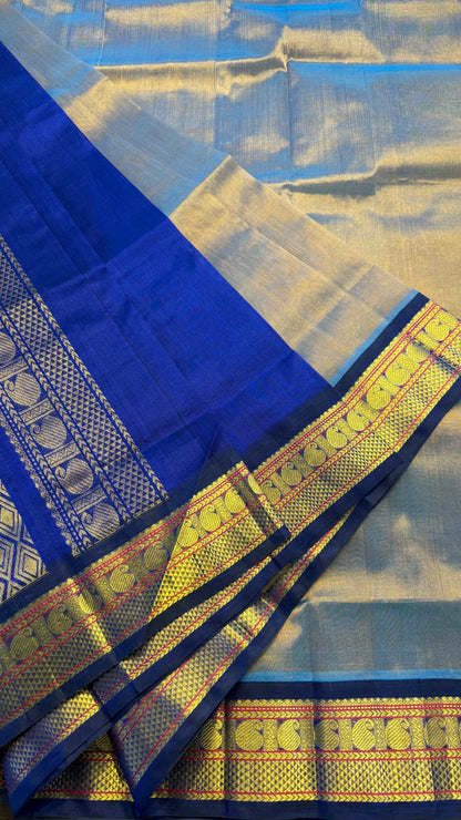 BLUE GOLD WITH ROYAL BLUE HANDLOOM KANCHIPURAM SILK COTTON (KSC112)