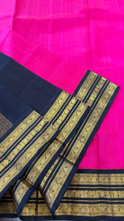 RANI PINK WITH CONTRAST BLACK KANCHIPURAM SILK COTTON (KSC90)