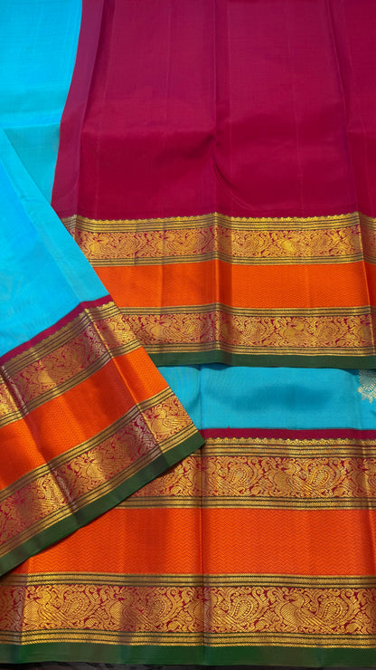 TEAL BLUE WITH CONTRAST ORANGE ZARI HANDLOOM KANCHIPURAM SILK SAREE (KSS 484)