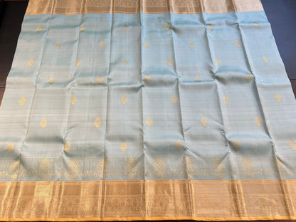 POWDER BLUE CONTRAST LIGHT YELLOW KANCHIPURAM HANDLOOM SILK SAREE