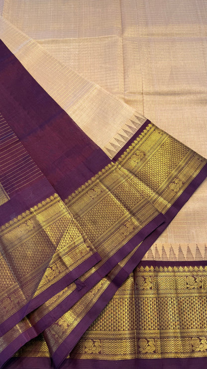 CHECKED PEACH WITH DARK PURPLE HANDLOOM KANCHIPURAM SILK COTTON (KSC142)