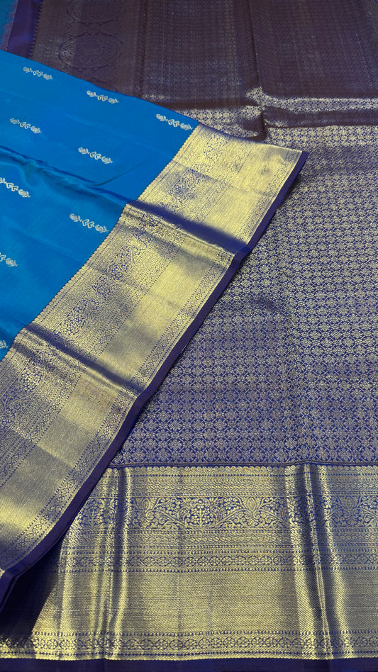DUAL TONE BLUE WITH CONTRAST NAVY BLUE GOLD ZARI HANDLOOM KANICHIPURAM SILK SAREE (KSS138)