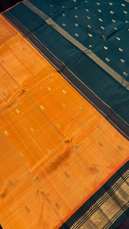 MANGO YELLOW WITH CONTRAST DARK GREEN PURE HANDLOOM KANCHIPURAM SINGLE SIDE BORDER SILK SAREE (KSSB19)